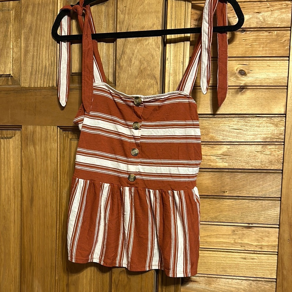 American Eagle Outfitters Orange and White Tie Front Peplum Tank Top